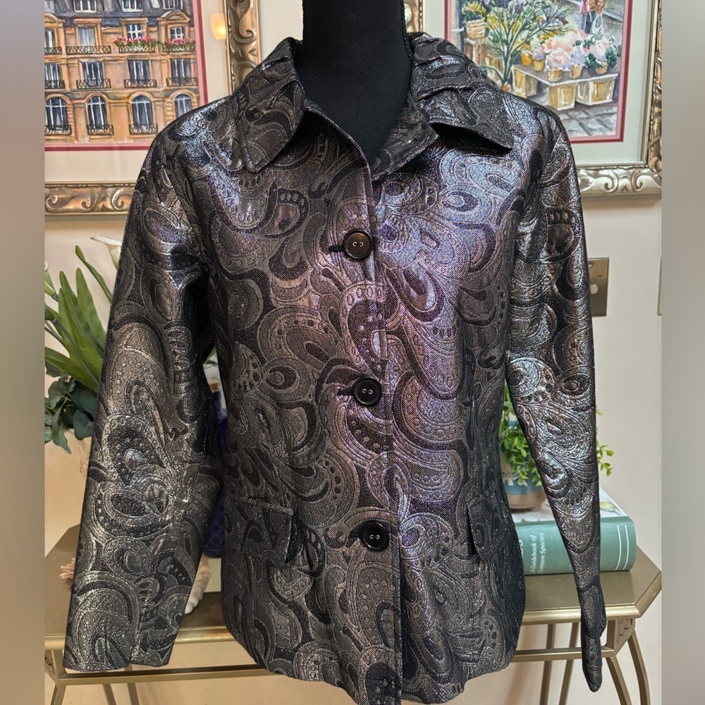 CHICOS BLACK & SILVER METALLIC SHIMMERING FORMAL ELEGANT BLAZER JACKET SZ 1 8-10
